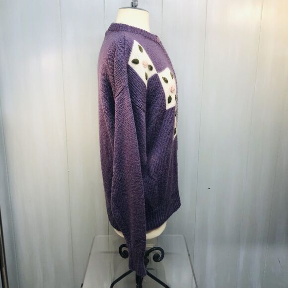 Vtg Yessica Purple Wool Angora Acrylic Blend Flowers Cardigan Med Grammacore - Picture 2 of 12